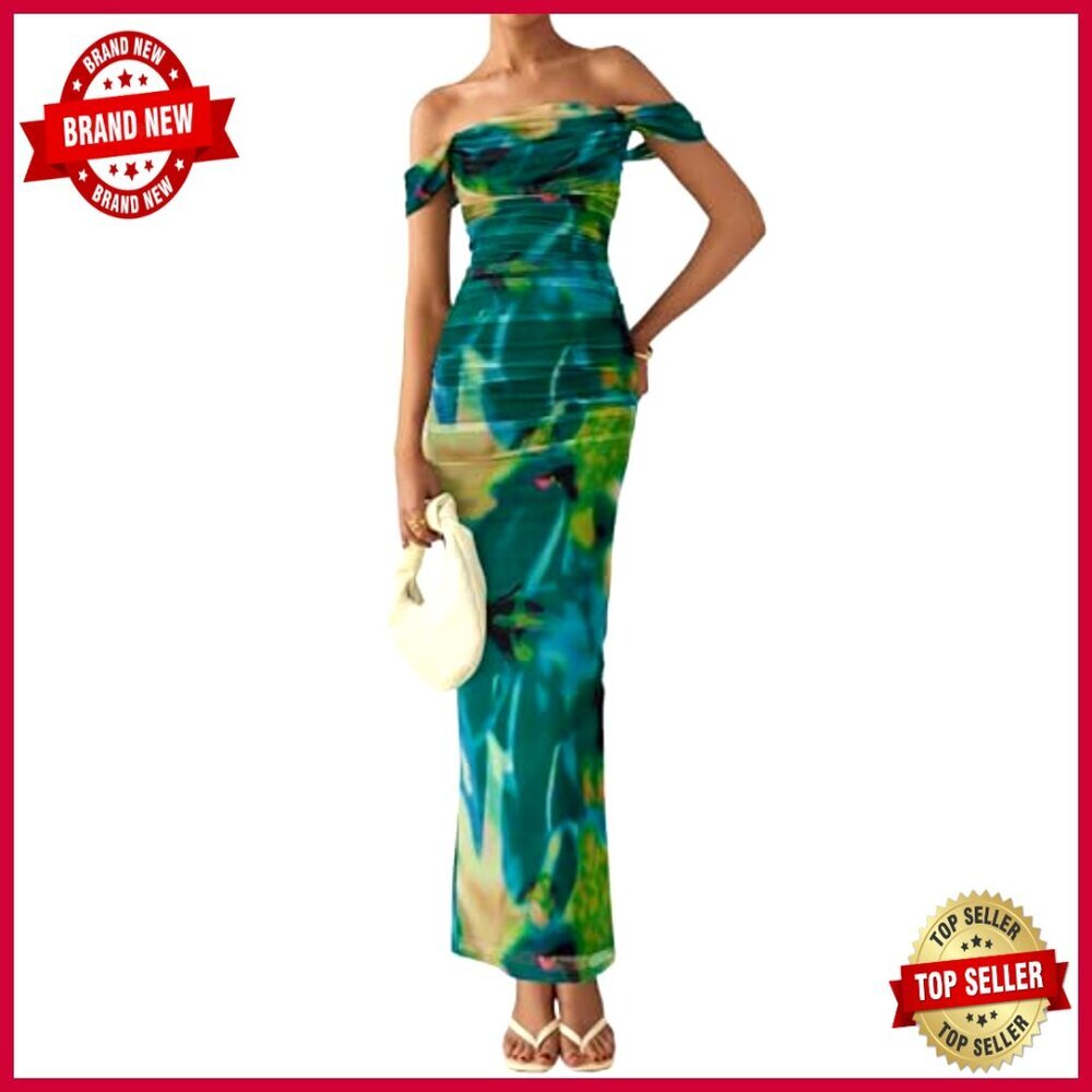 Floral Off Shoulder Ruched Mesh Maxi Dress Elegant Wedding Guest Cocktail - Picture 5 of 7